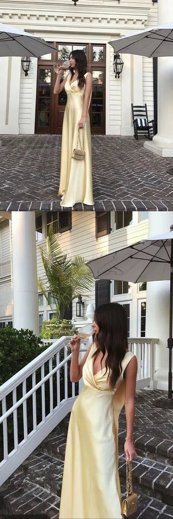 Simple A Line V neckline Yellow Long Prom Dresses fg5330