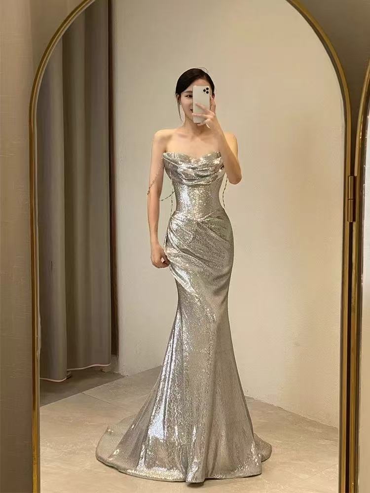 Elegant Mermaid Siver Sequin Prom Dress Sleeveless Evening Party Dress fg7379