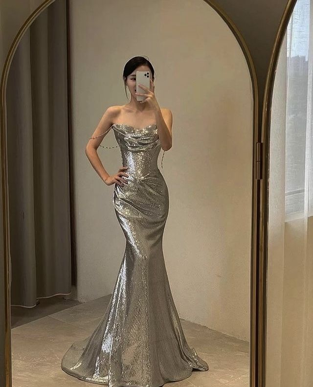 Elegant Mermaid Siver Sequin Prom Dress Sleeveless Evening Party Dress fg7379