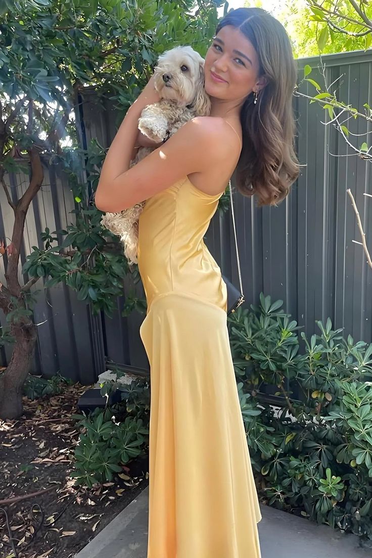 Yellow Spaghetti Straps Long Prom Dress With Slit fg6898