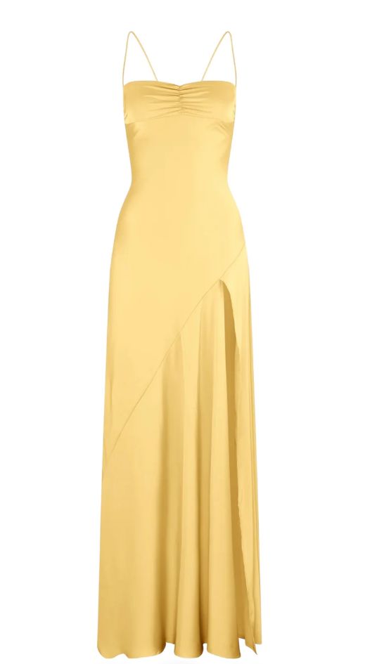 Yellow Spaghetti Straps Long Prom Dress With Slit fg6898