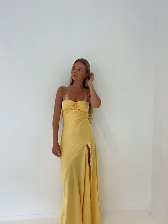 Yellow Spaghetti Straps Long Prom Dress With Slit fg6898