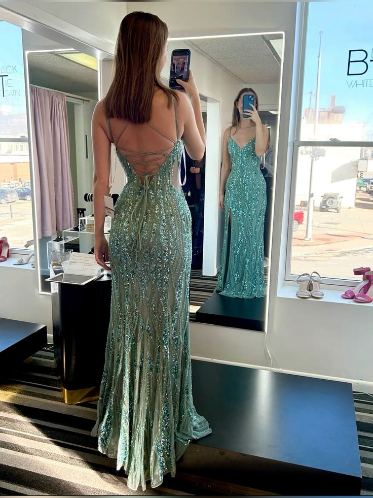 Green Sequin Mermaid Prom Dresses Long Evening Party Dress fg7364