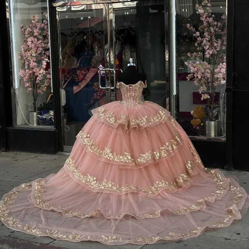 Pink Princess Quinceanera Dress with Off Shoulder Ball Gown fg6820