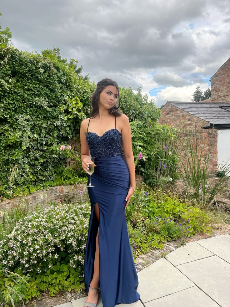 Navy Blue Long Prom Dress with Slit Elegant Evening Party Dress fg7321