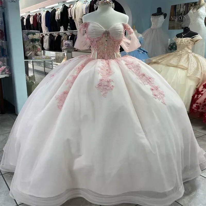 Pink Lace Quinceanera Dress Ball Gown Applique Lace Tulle Party Sweet 16 Dress fg7352
