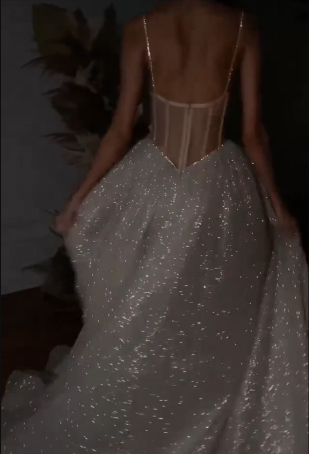 A Line Spaghetti Straps Sparkly Bohemian Wedding Dress fg3982