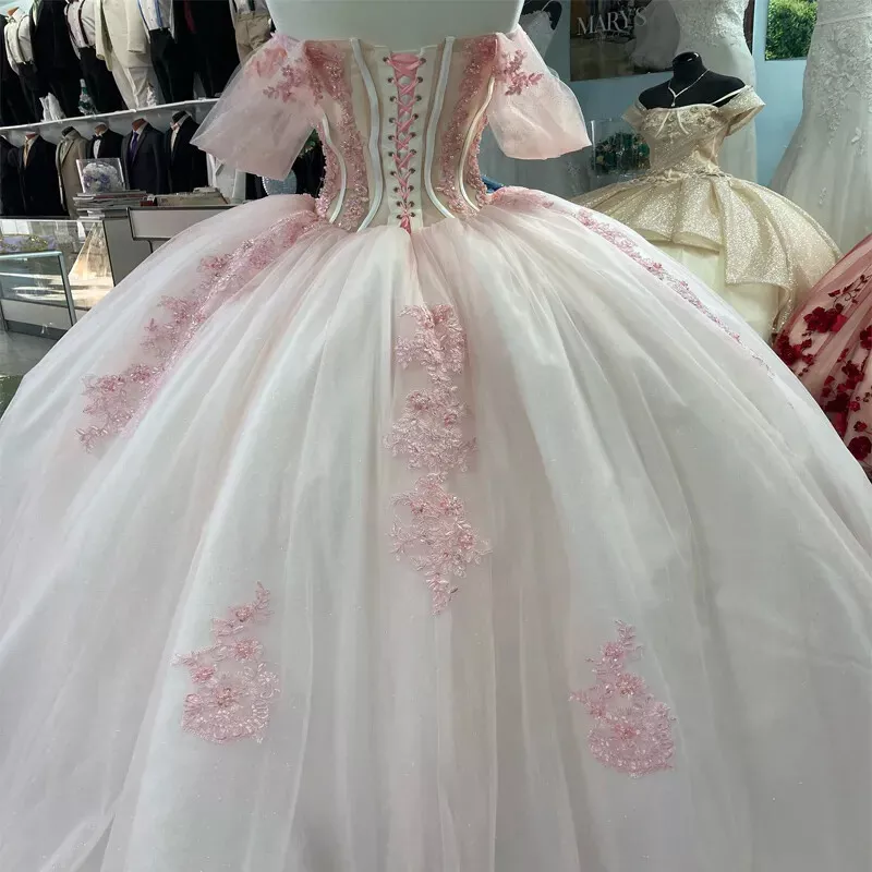 Pink Lace Quinceanera Dress Ball Gown Applique Lace Tulle Party Sweet 16 Dress fg7352