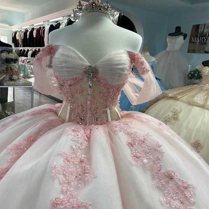 Pink Lace Quinceanera Dress Ball Gown Applique Lace Tulle Party Sweet 16 Dress fg7352