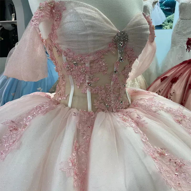 Pink Lace Quinceanera Dress Ball Gown Applique Lace Tulle Party Sweet 16 Dress fg7352