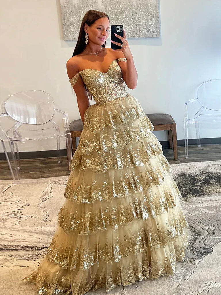 Gold A-Line Tulle Gold Sequin Long Prom Dress, Gold Long Evening Dress fg5526