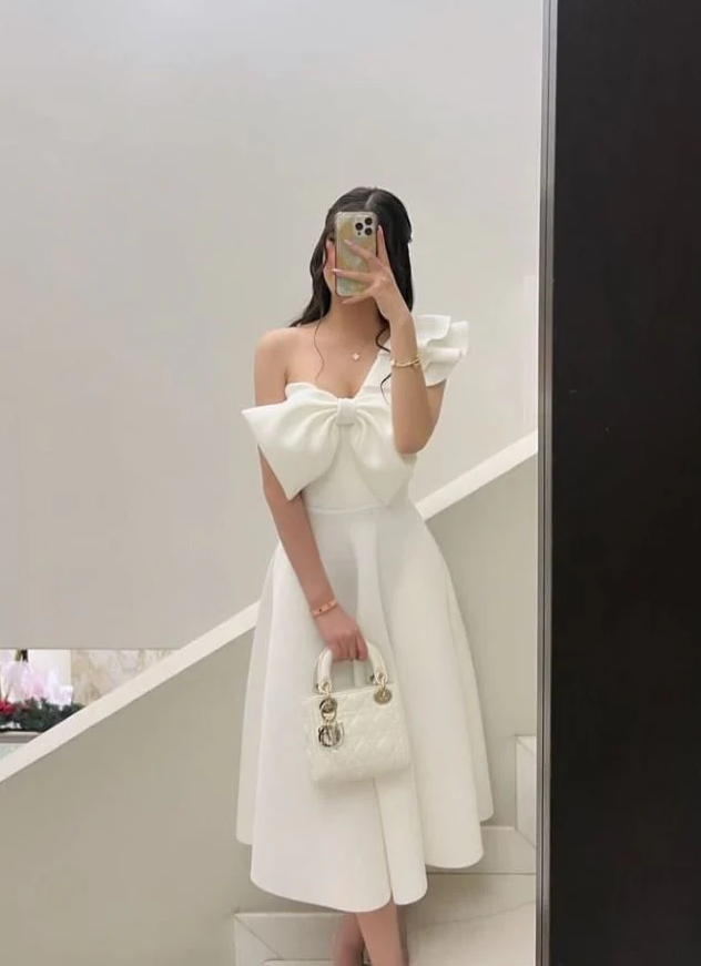 White Elegant Party Prom Dress One Shoulder BowKnot Evening Dresses fg7308