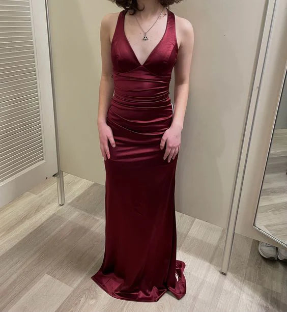 Simple Burgundy V Neck Long Party Dress Formal Prom Dress fg6917