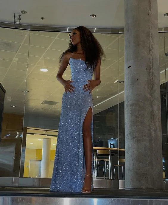 Sparkly Blue Sequins Sheath Evening Party Dress Long Prom Dress fg7400