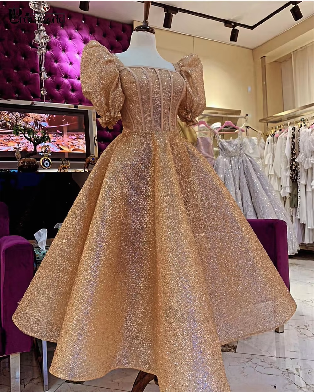 Glitzerndes Champagner-Ballkleid mit Pailletten, Puffärmeln, quadratischem Ausschnitt, knöchellang, A-Linie, formelle Abendkleider fg4725