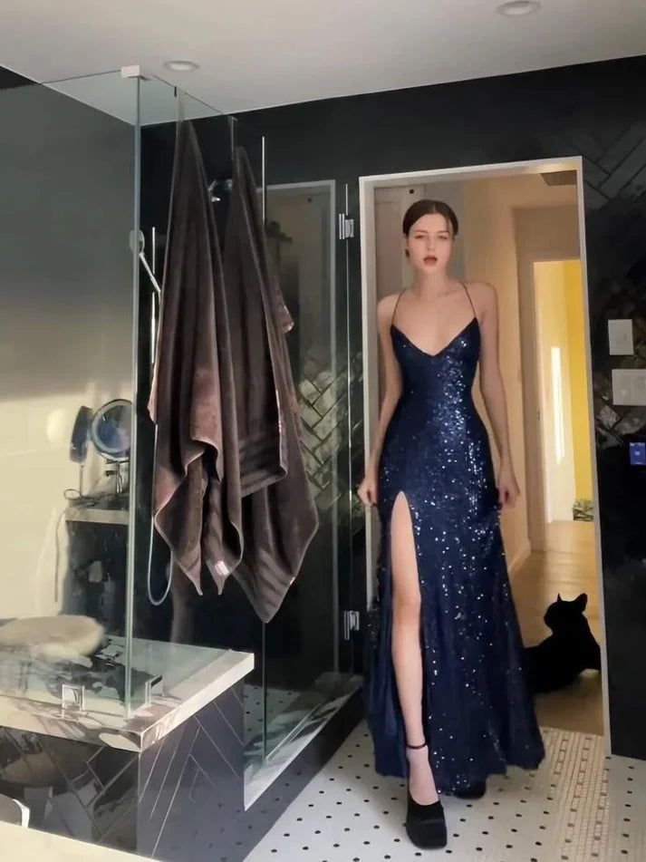Womens Navy Sequined Slitted Spaghetti Strap V Neck Full-Length Formal Gown Dress fg3985