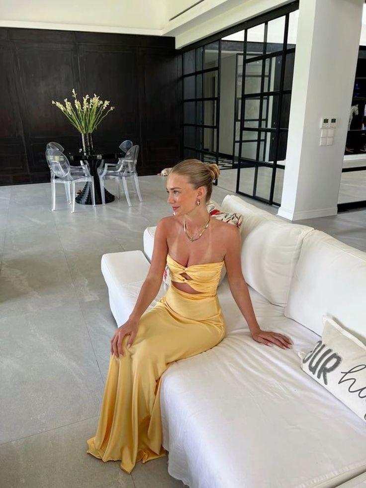 Mermaid Yellow Satin Evening Party Dress Long Prom Dress fg7168