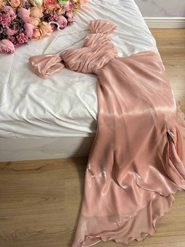Modest A Line Strapless Silk Satin Long Pink Prom Dress Evening Gown fg6358
