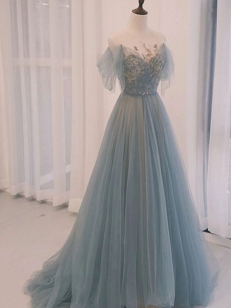 A-Line Scoop Neckline Tulle Long Prom Dress with Sequin fg7063