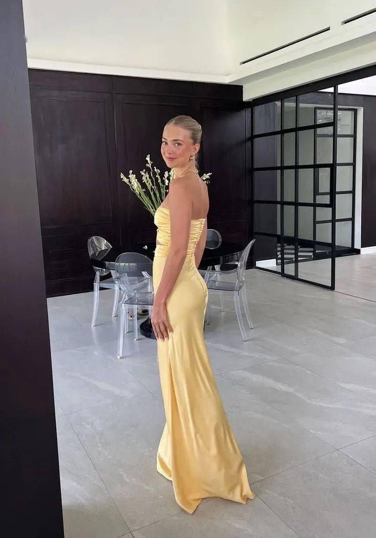 Mermaid Yellow Satin Evening Party Dress Long Prom Dress fg7168