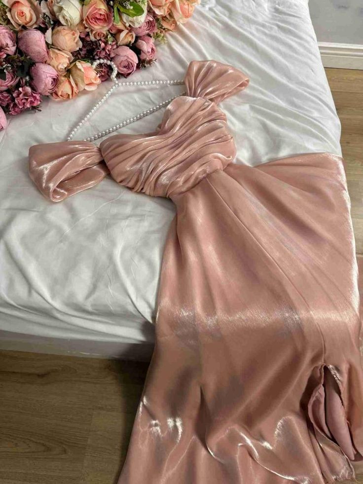 Modest A Line Strapless Silk Satin Long Pink Prom Dress Evening Gown fg6358