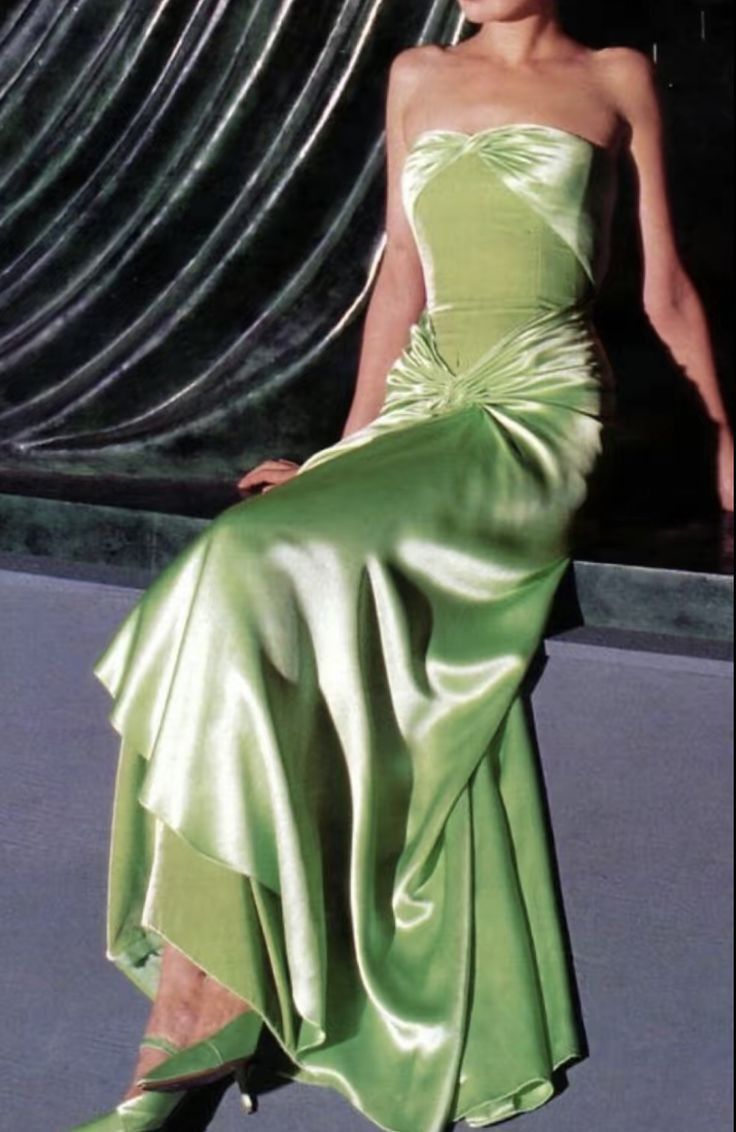 Vintage Strapless Satin Long Green Prom Dresses Evening Dress fg7140