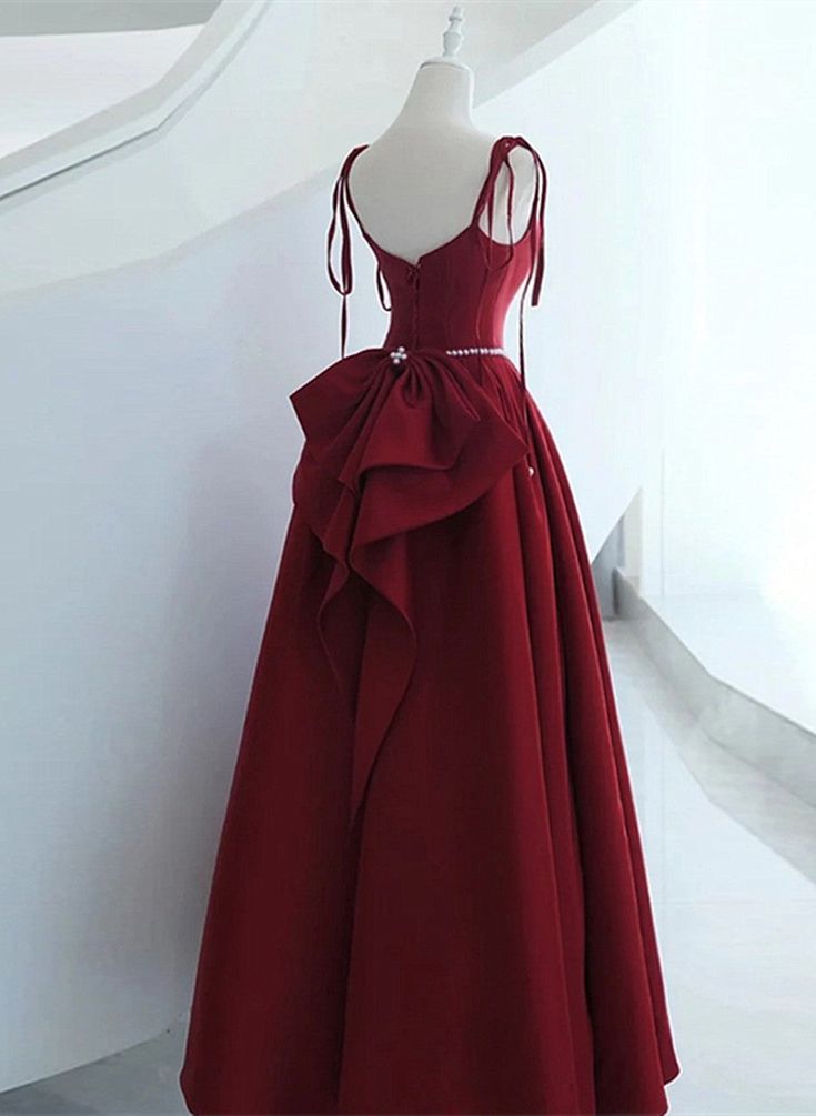Wine Red Satin Long Formal Dress, Lace-up Fashion Straps Junior Prom Dress fg6979