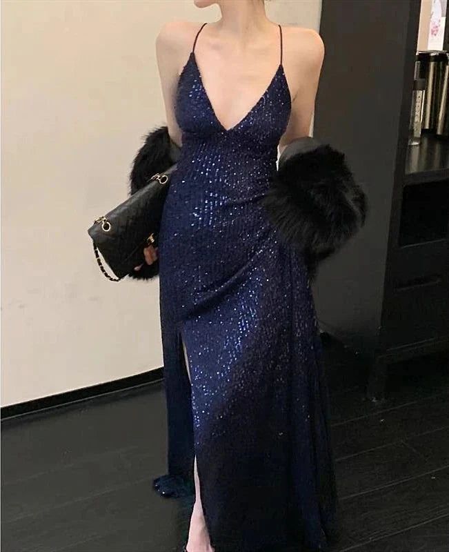 Womens Navy Sequined Slitted Spaghetti Strap V Neck Full-Length Formal Gown Dress fg3985