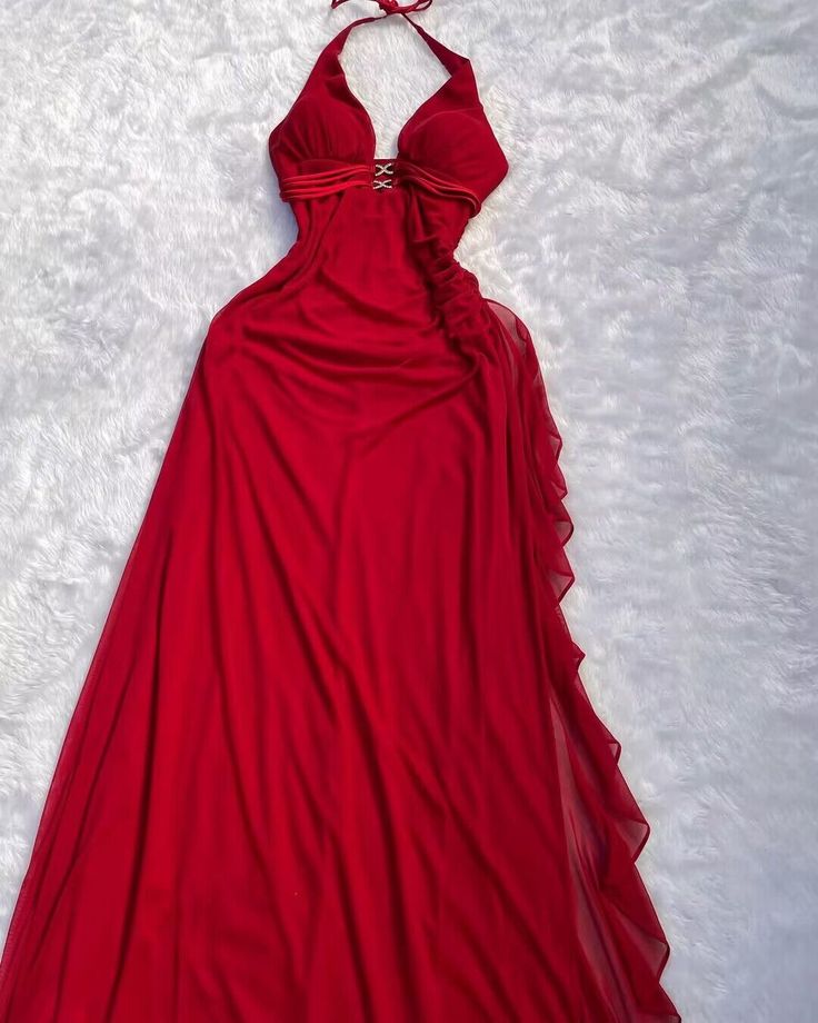 Halter Red A Line Long Prom Dresses Ruffled Evening Dresses fg7108