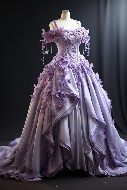 Ball Gown Straps Lilac Satin Floral Sweet 16 Dresses Evening Dress fg7193