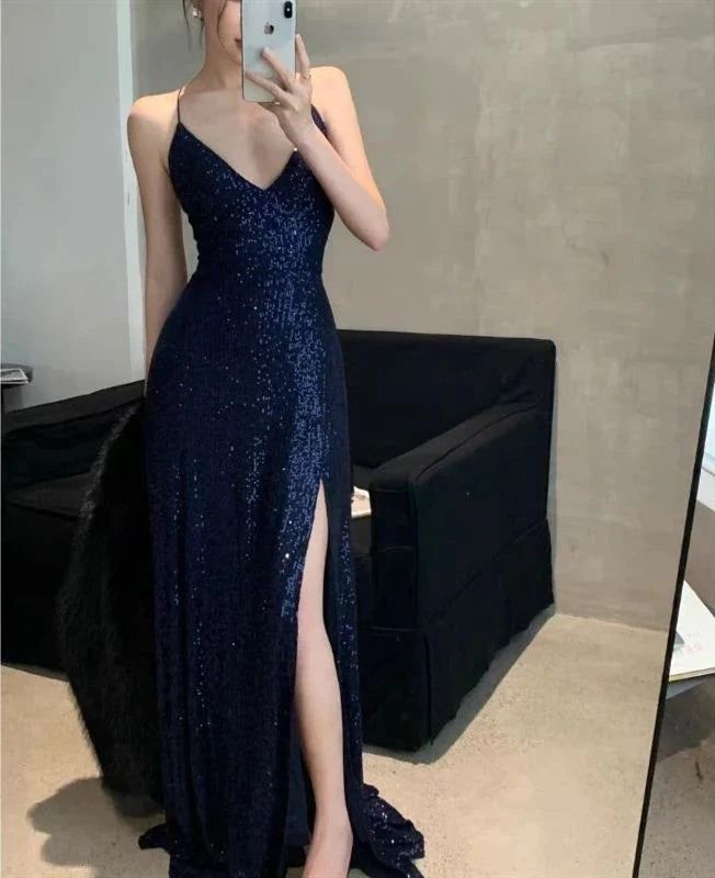 Womens Navy Sequined Slitted Spaghetti Strap V Neck Full-Length Formal Gown Dress fg3985