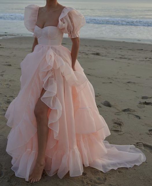 Pink Prom Dresses Short Puff Sleeves Ruffles Prom Party Gowns Princess Formal Dresses fg7218