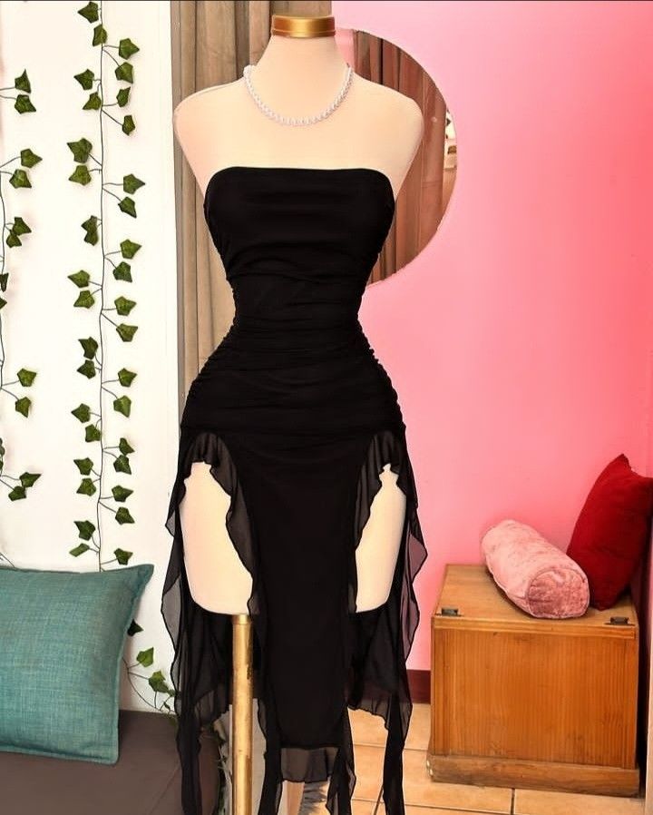 Black Strapless Midi Length Ruffle Prom Dress Sexy Evening Dress fg7098