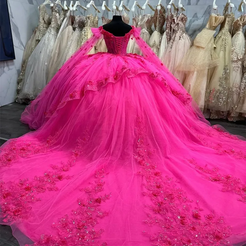 Quinceañera Off-Shoulder Lace Appliques Tulle Ball Gown Dress with Cape for Sweet 16 Birthday fg6296
