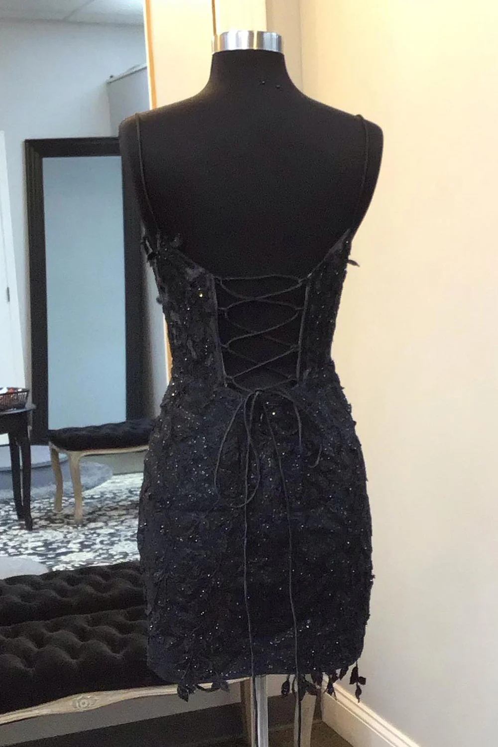 Sparkly Black Corset Lace Tight Short Homecoming Dress fg6311