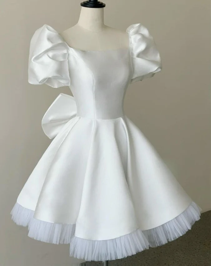 White Satin Homecoming Dress 2024 Puffy Short Sleeves fg6471