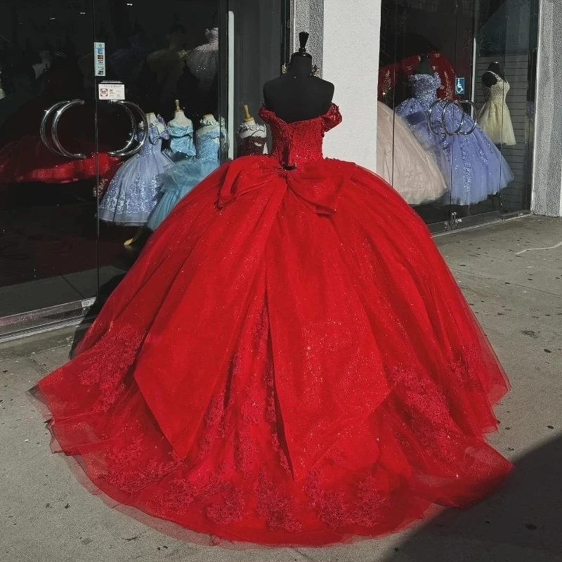 Princess Ball Gown Quinceanera Dresses Red Bow Lace Appliques Beaded Sweet 16 Dress fg6292