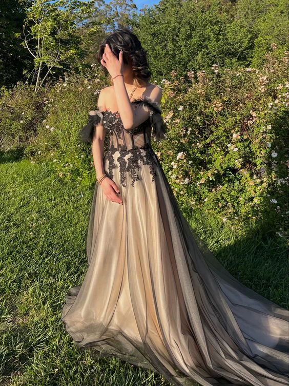 Off The Shoulder A Line Long Prom Dresses Tulle Evening Party Gown fg6219