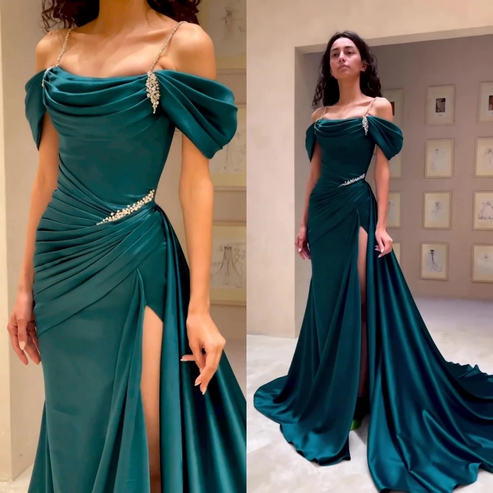 High Quality Off The Shoulder Dark Green Satin Prom Dresses Beaded Evening Gown fg6209