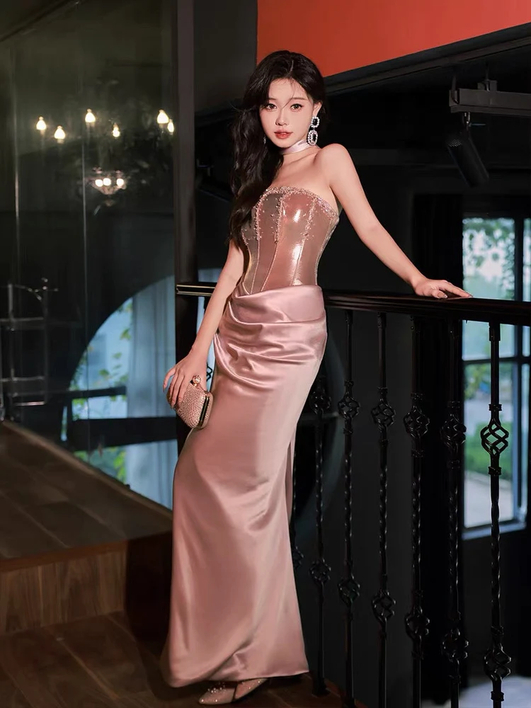 Sexy Rose Gold Party Dresses 2024 Strapless Beading Sleeveless Floor-Length Evening Gown fg6214