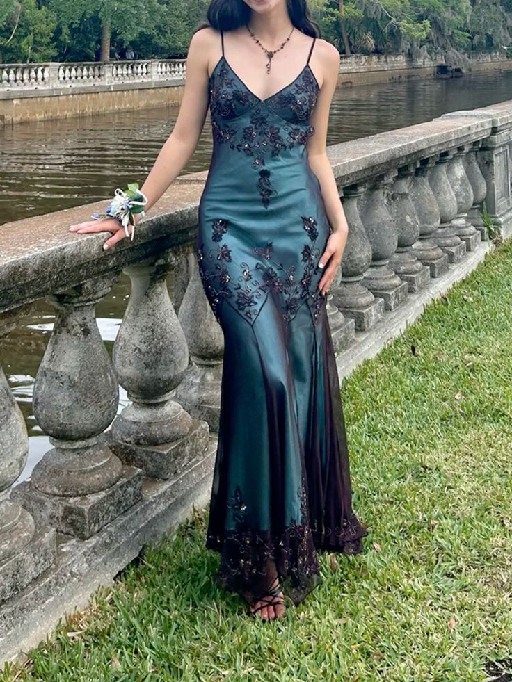 Vintage Blue and Black Prom Dress Evening Party Dress fg6948