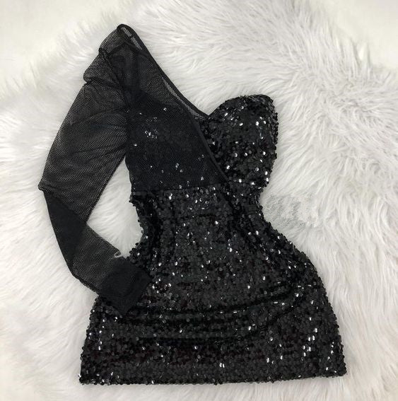 Black One Shoulder Sequins Mini Homecoming Dress fg6299
