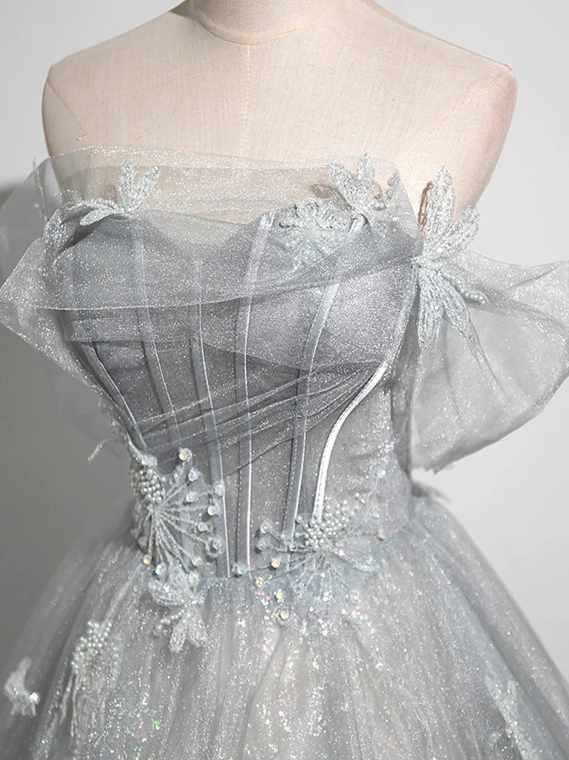 Gray A-Line Off the Shoulder Tulle Prom Dress, Lovely Corset Floor Length Party Dress fg6478