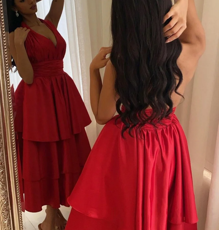 Elegant Short Satin Halter Evening Dresses Muslim Backless A-Line Red Dress Formal Dress Pleated Tea Length Gowns fg6308