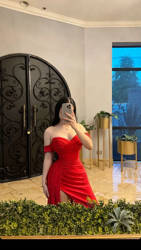 Red Off Shoulder Evening Party Dress With Slit fg6522