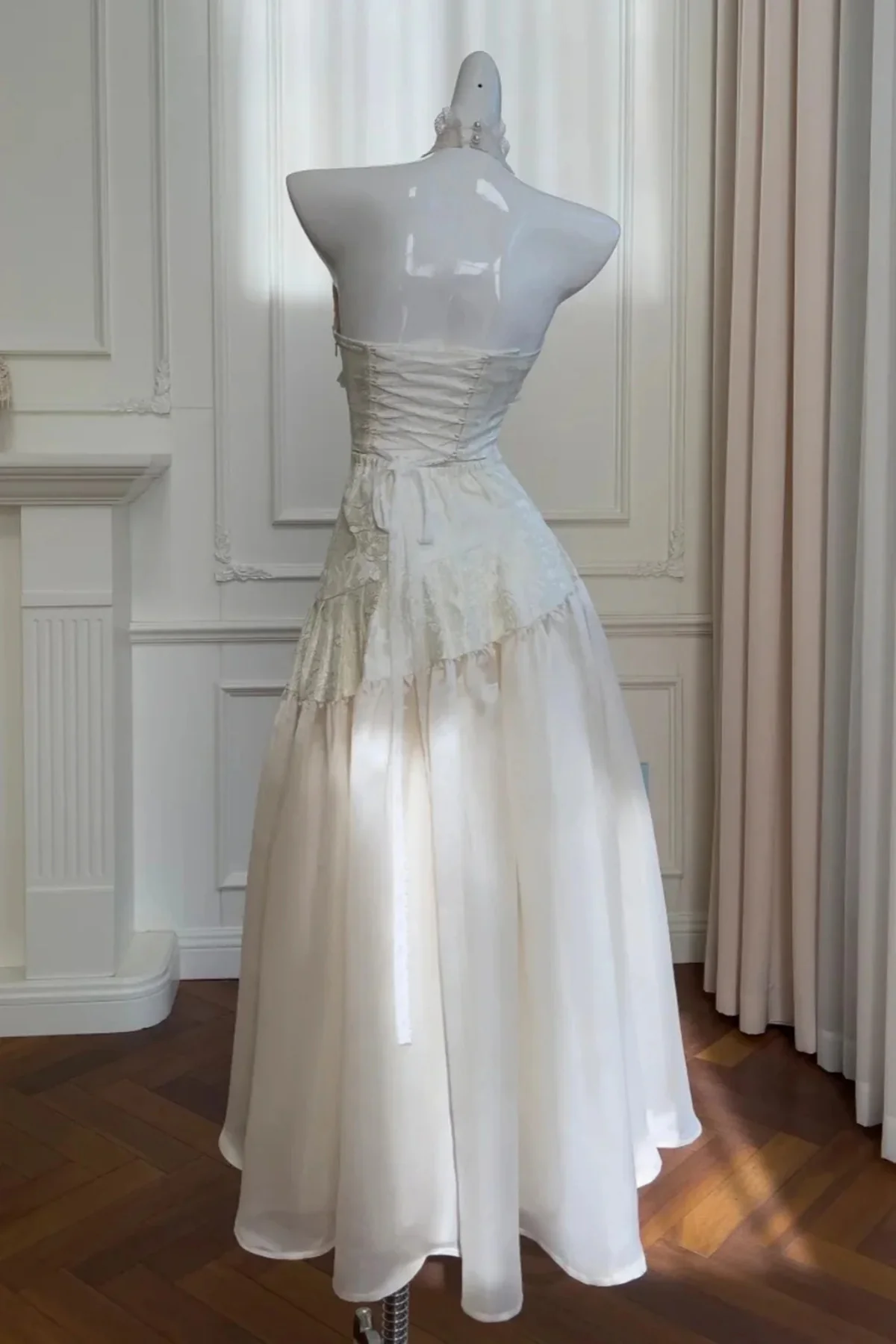 Ivory V-neckline Halter Long Prom Dress, Retro Lace Party Dress Formal Dress fg8748