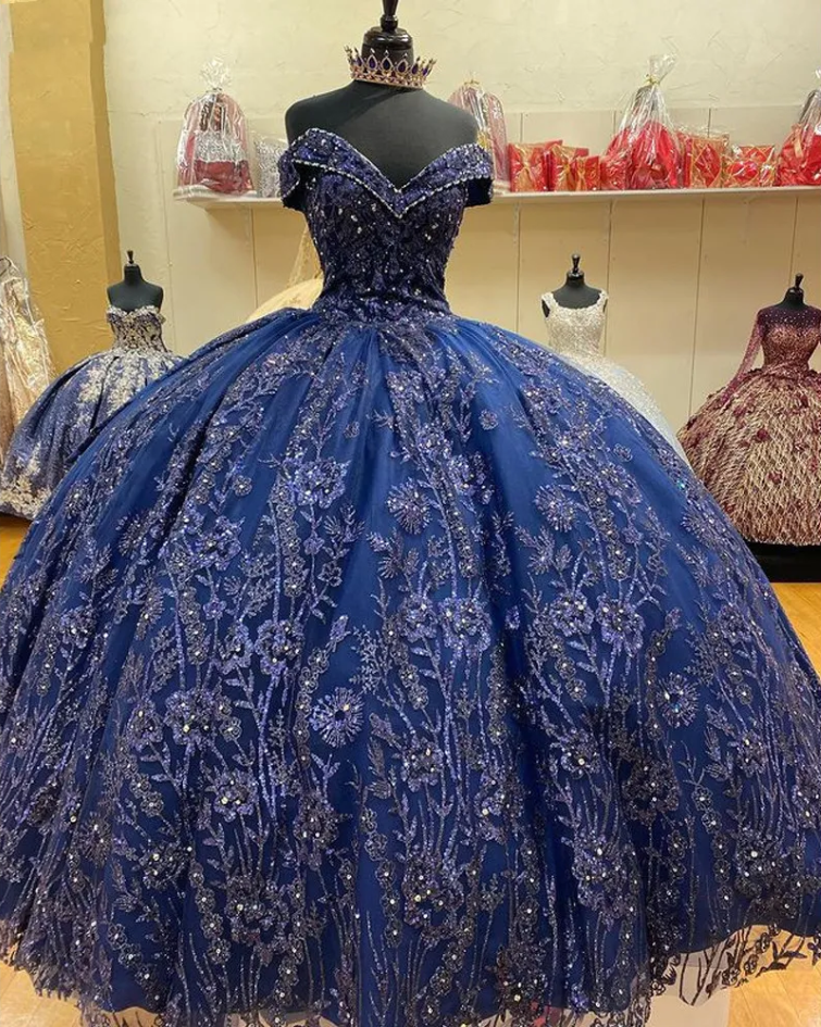 A Line Navy Blue Off The Shoulder Quinceanera Dresses Sweet 16 Dress Ball Gown fg6897