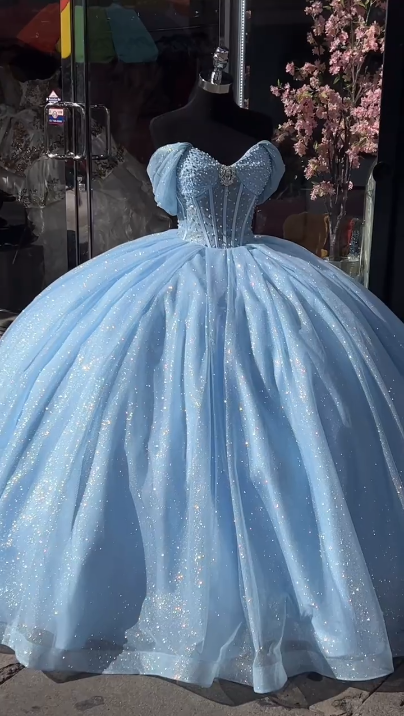 Baby blue sequins quinceanera dresses Sweet 16 Dresses Off the Shoulder Ball Gown    fg8022