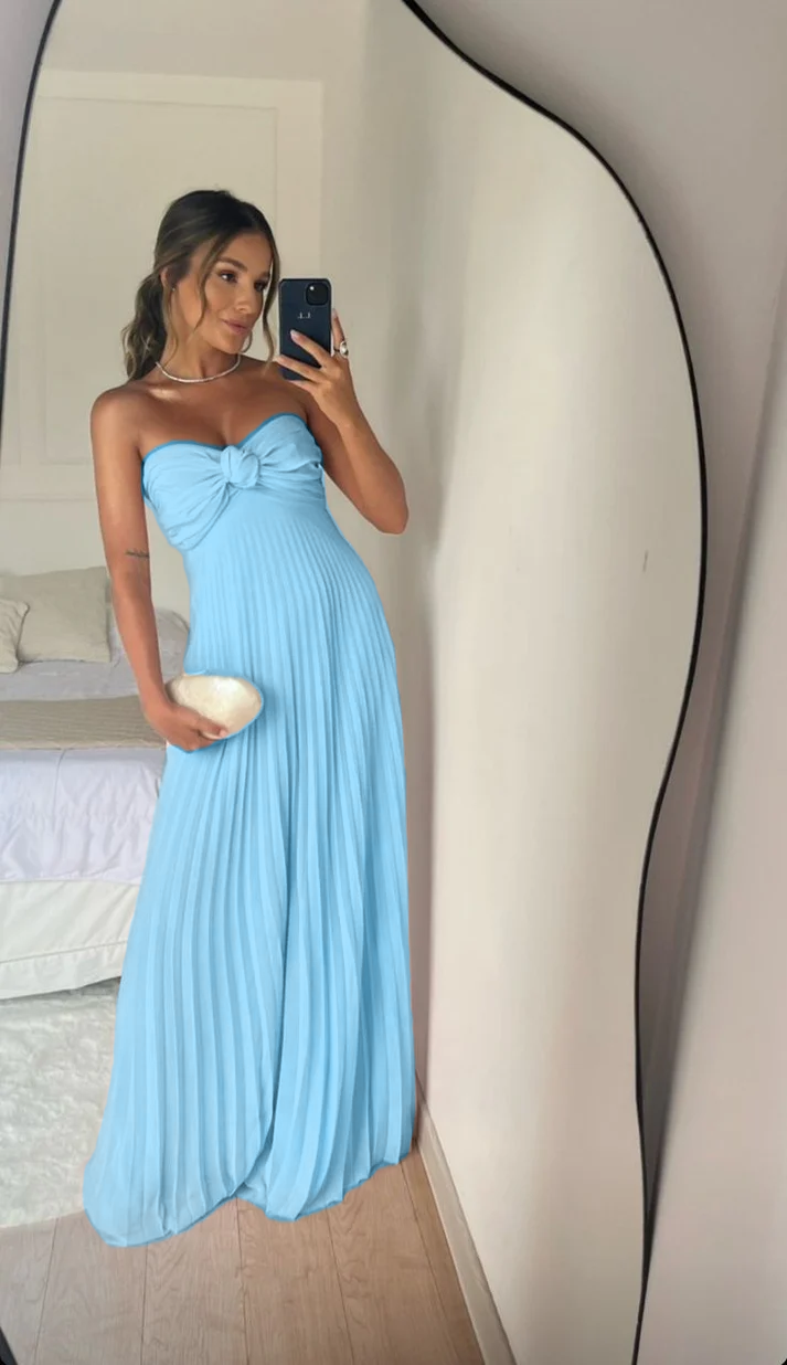 Strapless A Line Pink Long Prom Dress Pleated Formal Party Gown fg6582