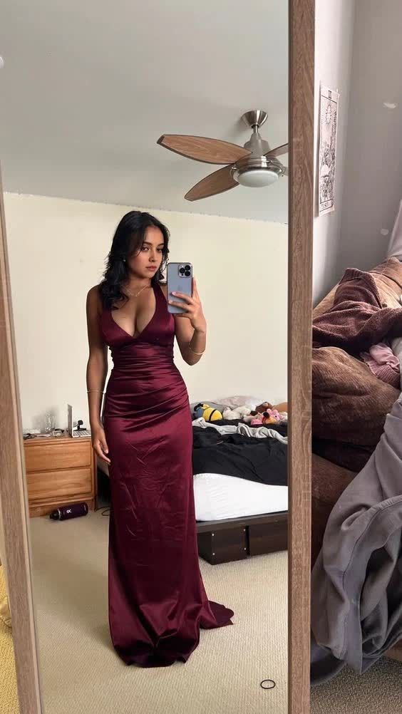 Simple Burgundy V Neck Long Party Dress Formal Prom Dress fg6917